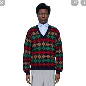 Gucci Argyle Alpaca Wool V-Neck Sweater